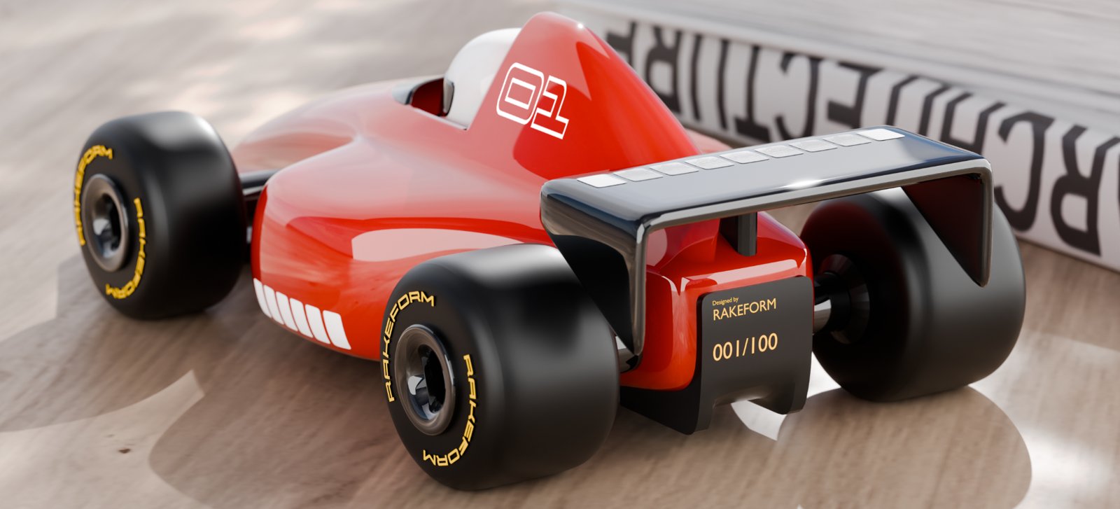 Rakeform prototype single-seater from the rear, numbered 001 of 100
